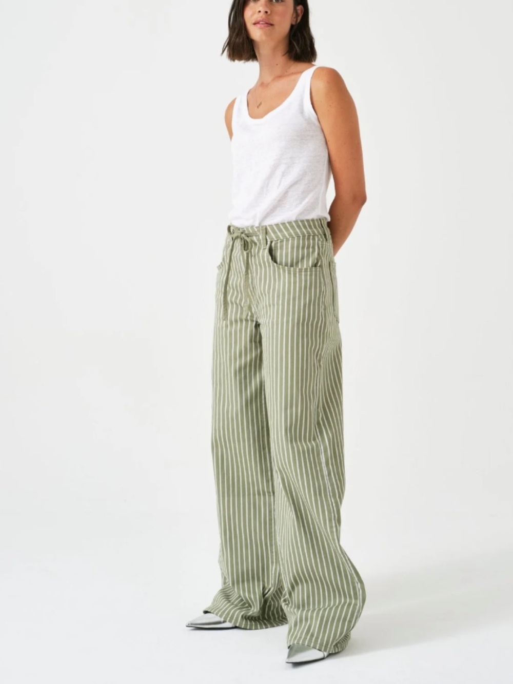 Women's Green Stripe Wide-Leg Pants